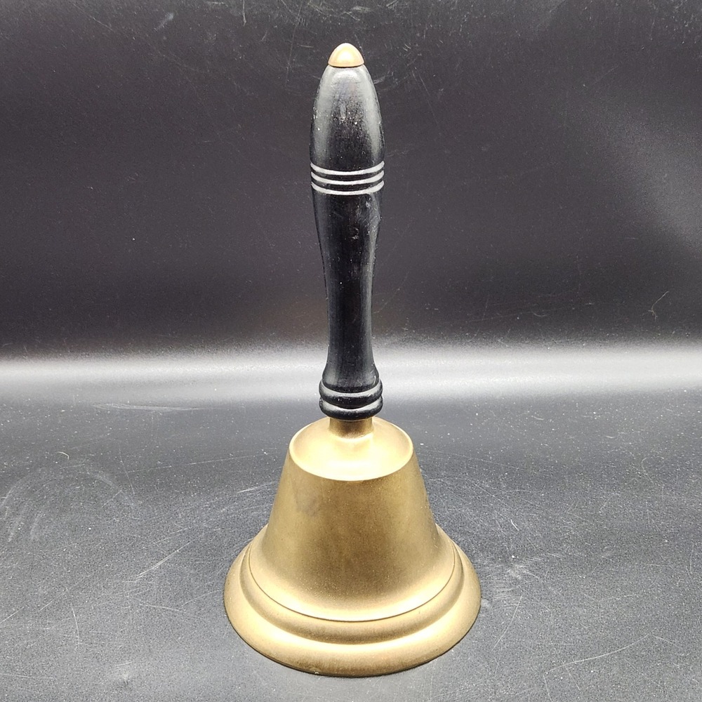 Vintage Brass Hand Bell School Teacher Dinner Bell Black Wood Handle 10.25 Inch